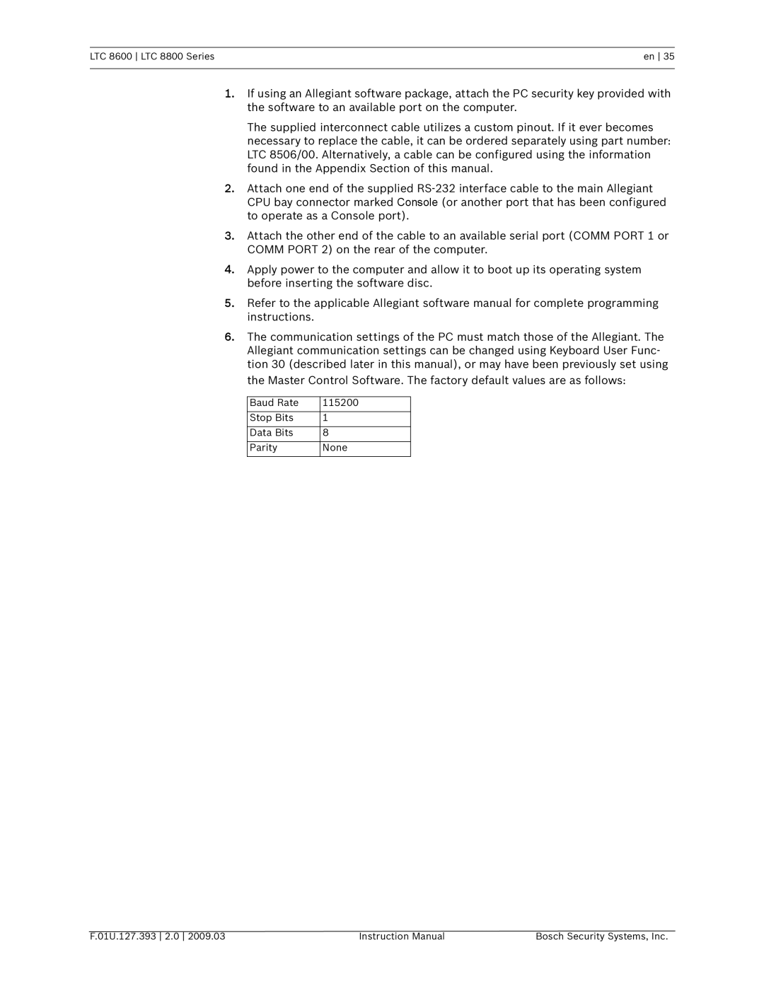 Bosch Appliances LTC 8800, LTC 8600 instruction manual Baud Rate 115200 Stop Bits Data Bits Parity None 