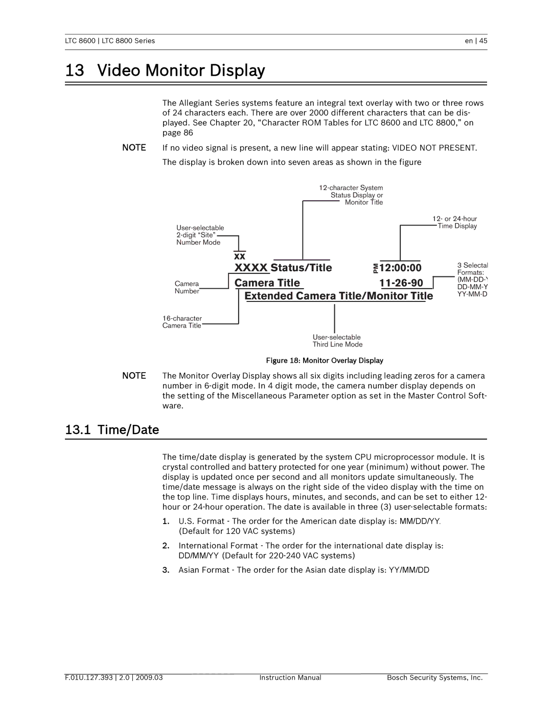 Bosch Appliances LTC 8800, LTC 8600 instruction manual Video Monitor Display, Time/Date 