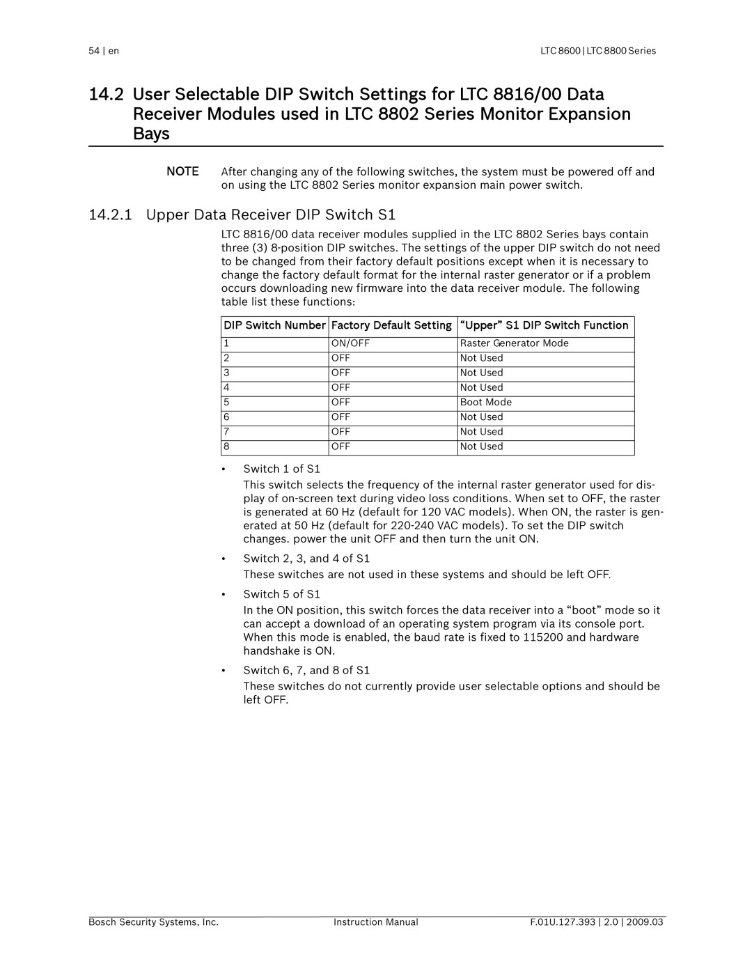 Bosch Appliances LTC 8600, LTC 8800 instruction manual Upper Data Receiver DIP Switch S1 