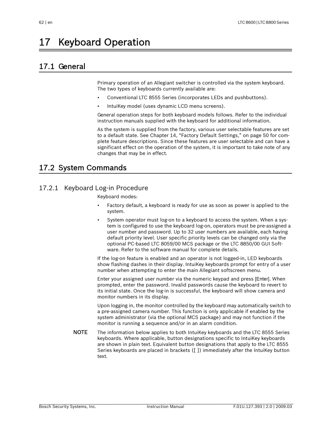 Bosch Appliances LTC 8600, LTC 8800 instruction manual Keyboard Operation, System Commands, Keyboard Log-in Procedure 