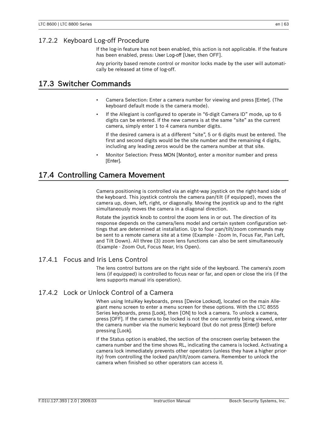 Bosch Appliances LTC 8800, LTC 8600 Switcher Commands, Controlling Camera Movement, Keyboard Log-off Procedure 