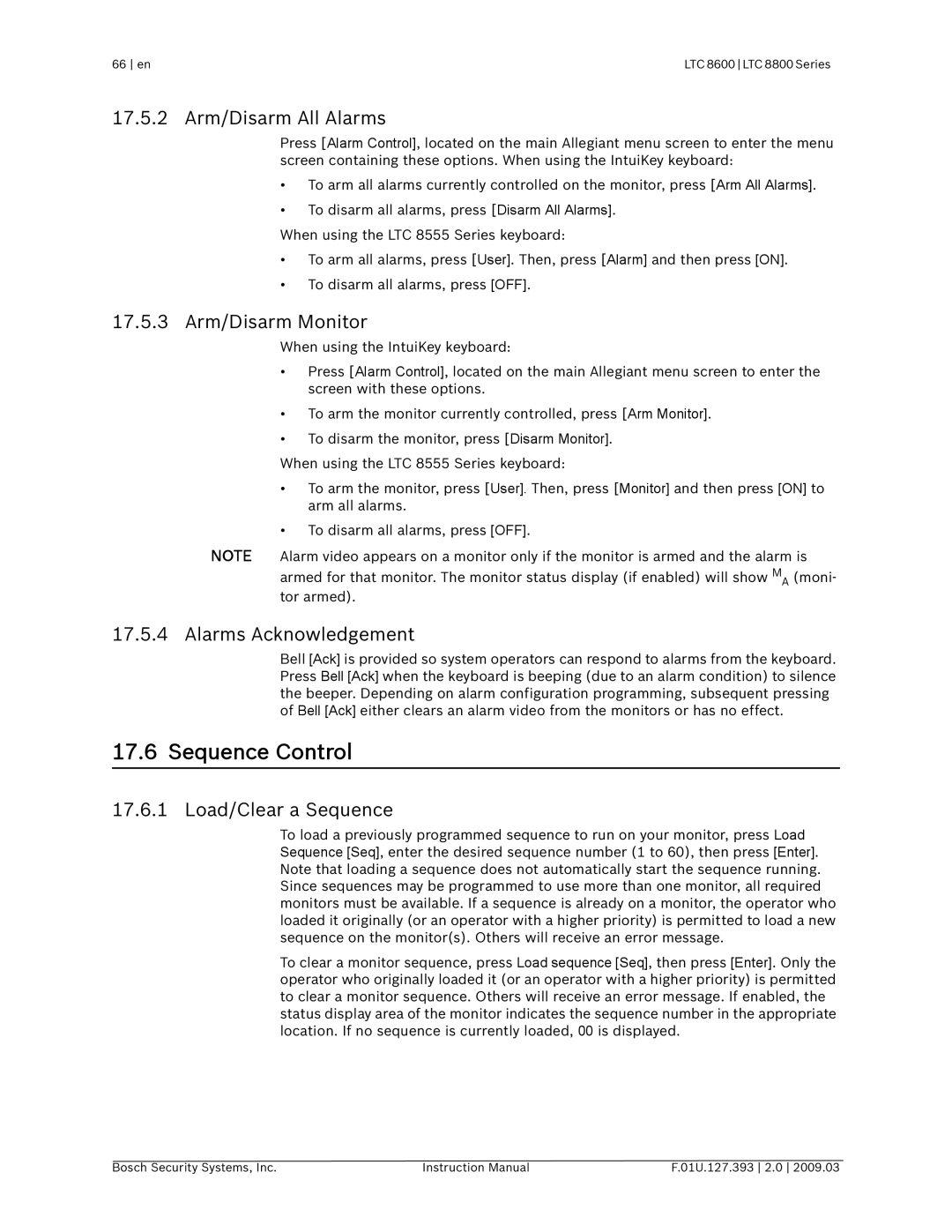 Bosch Appliances LTC 8600 Sequence Control, 17.5.2 Arm/Disarm All Alarms, 17.5.3 Arm/Disarm Monitor, Load/Clear a Sequence 