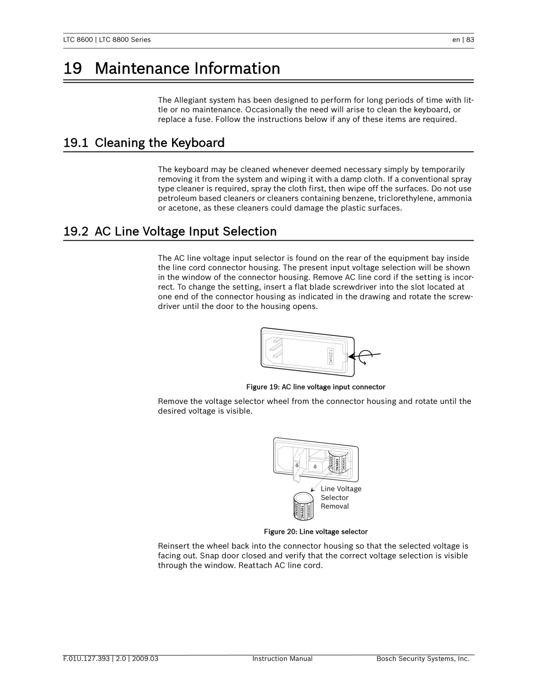 Bosch Appliances LTC 8800, LTC 8600 Maintenance Information, Cleaning the Keyboard, AC Line Voltage Input Selection 