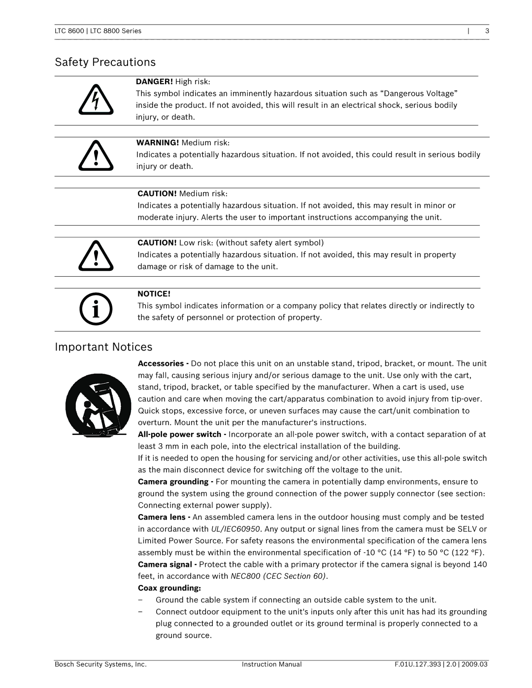 Bosch Appliances LTC 8800, LTC 8600 instruction manual Safety Precautions, Coax grounding 