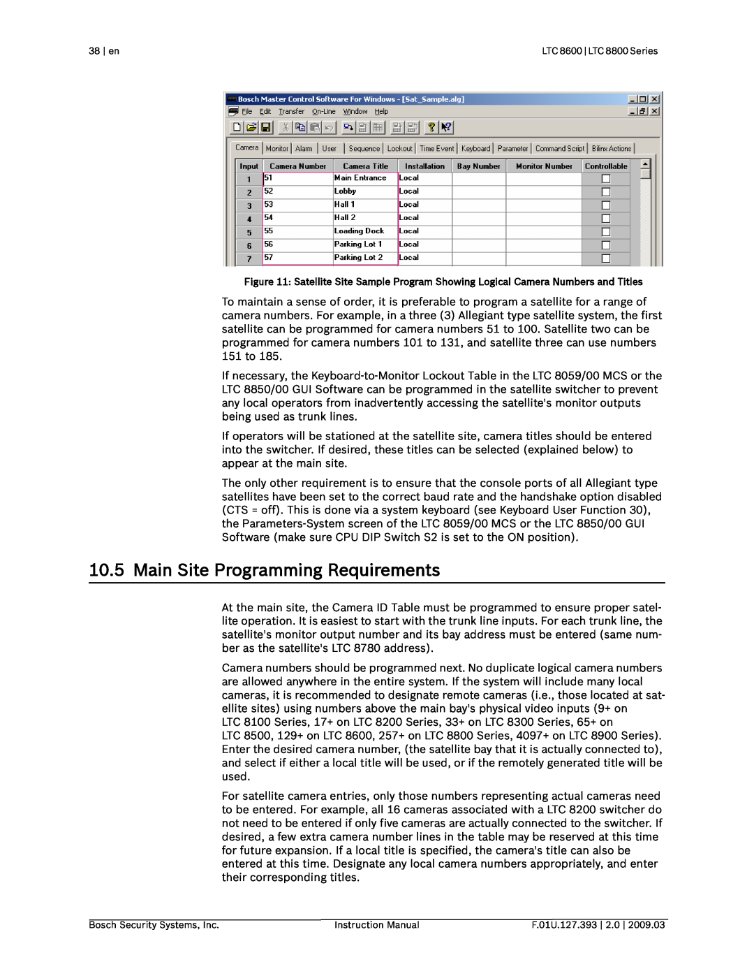 Bosch Appliances LTC 8600 Main Site Programming Requirements, 38 | en, Bosch Security Systems, Inc, Instruction Manual 