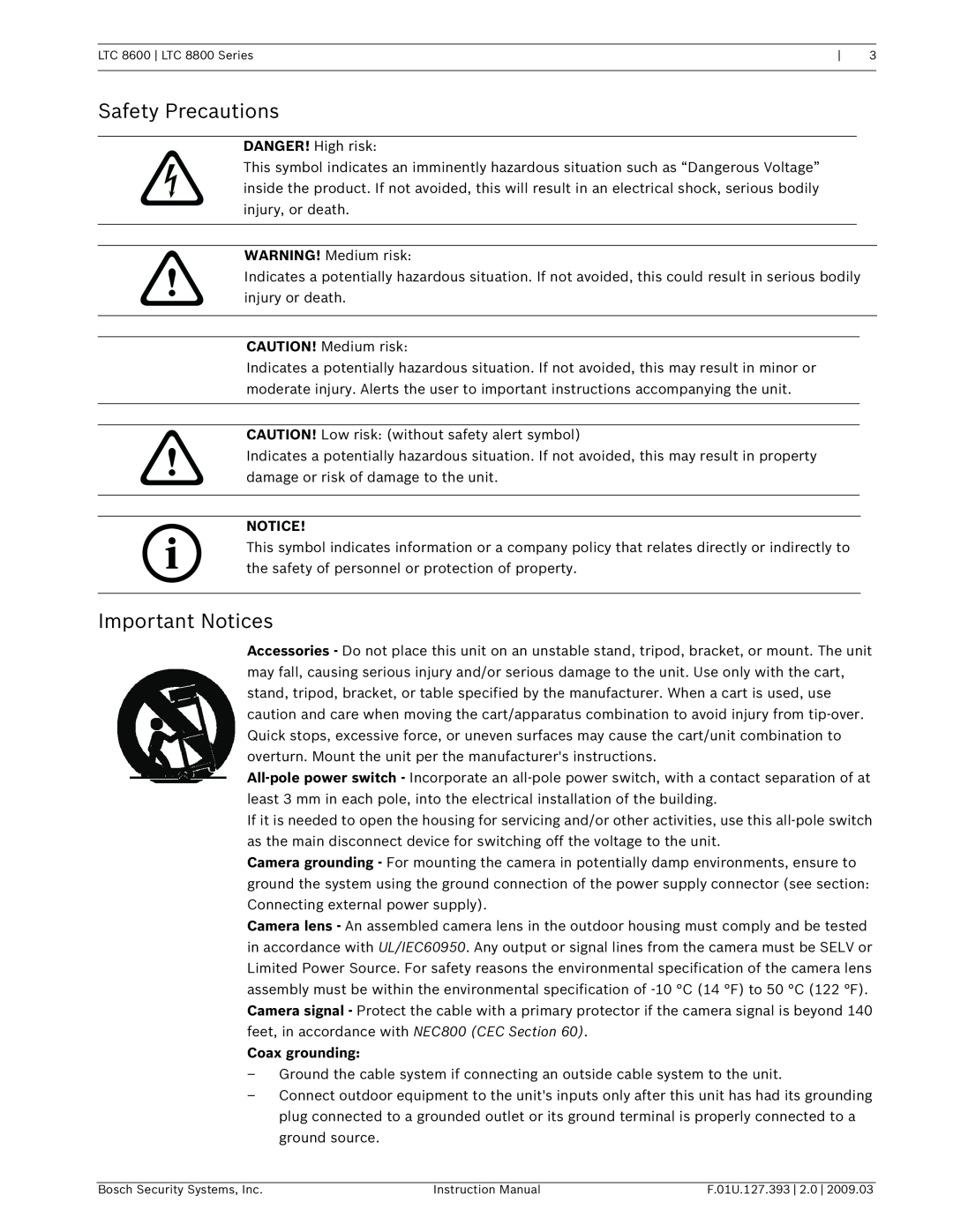 Bosch Appliances LTC 8800, LTC 8600 instruction manual Safety Precautions, Important Notices, Coax grounding 