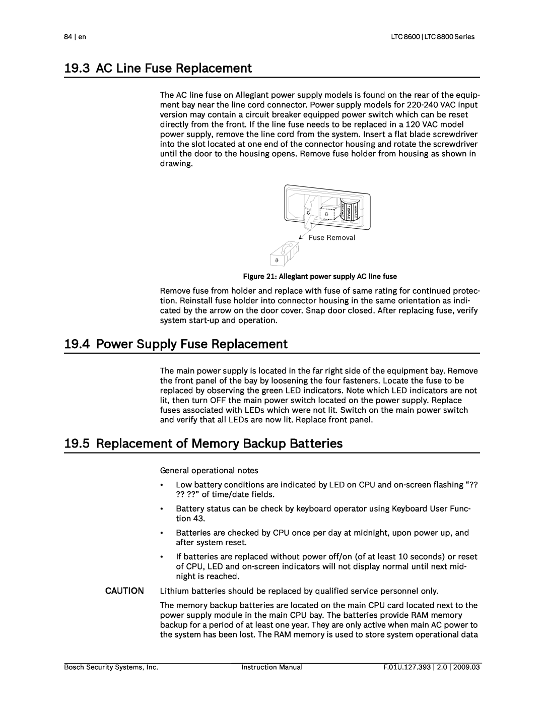 Bosch Appliances LTC 8600 AC Line Fuse Replacement, Power Supply Fuse Replacement, Replacement of Memory Backup Batteries 