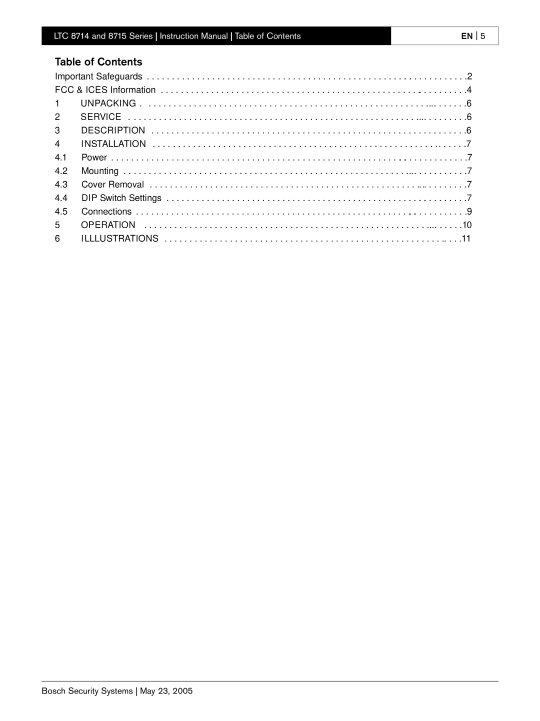 Bosch Appliances LTC 8714, LTC 8715 instruction manual Table of Contents 