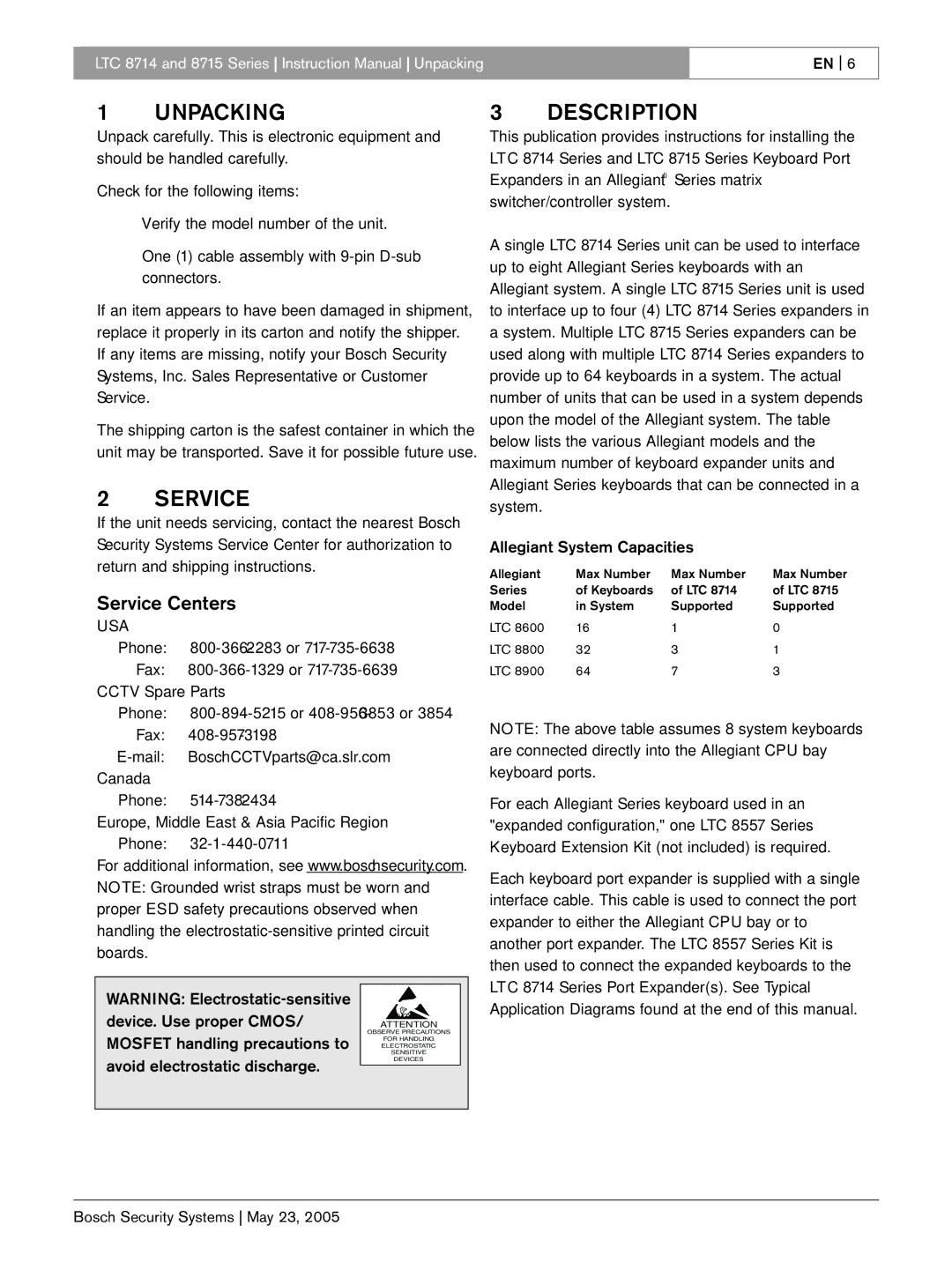 Bosch Appliances LTC 8715, LTC 8714 instruction manual Unpacking, Description, Service Centers 