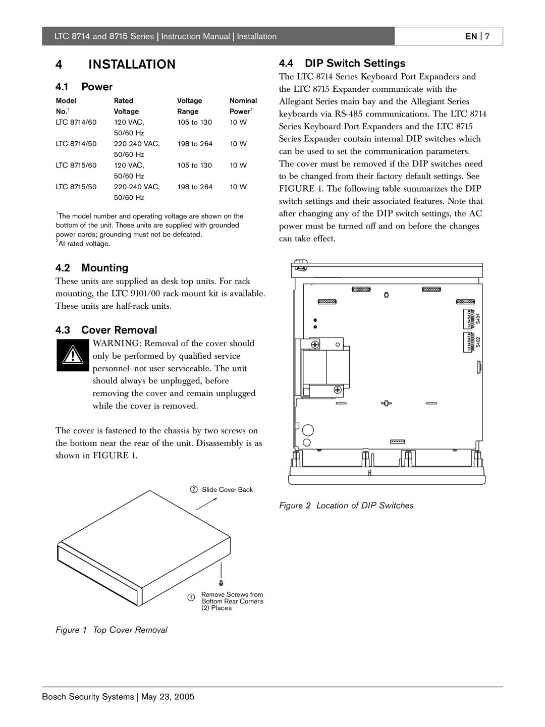 Bosch Appliances LTC 8714, LTC 8715 instruction manual Installation, Power, DIP Switch Settings, Mounting, Cover Removal 