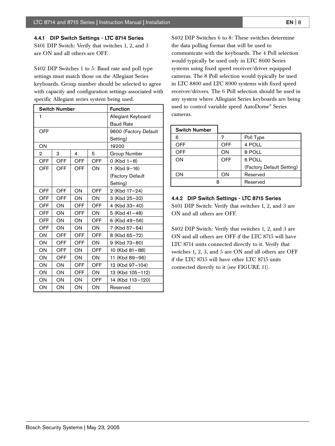 Bosch Appliances LTC 8715 instruction manual DIP Switch Settings LTC 8714 Series 