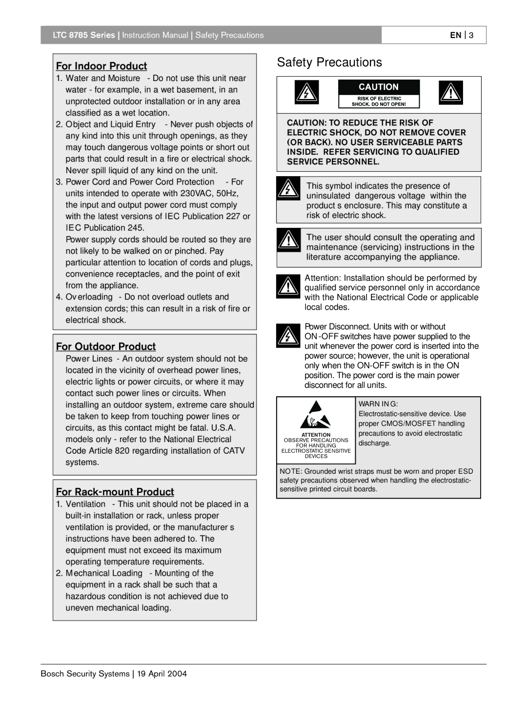 Bosch Appliances LTC 8785 instruction manual For Indoor Product, For Outdoor Product, For Rack-mount Product 