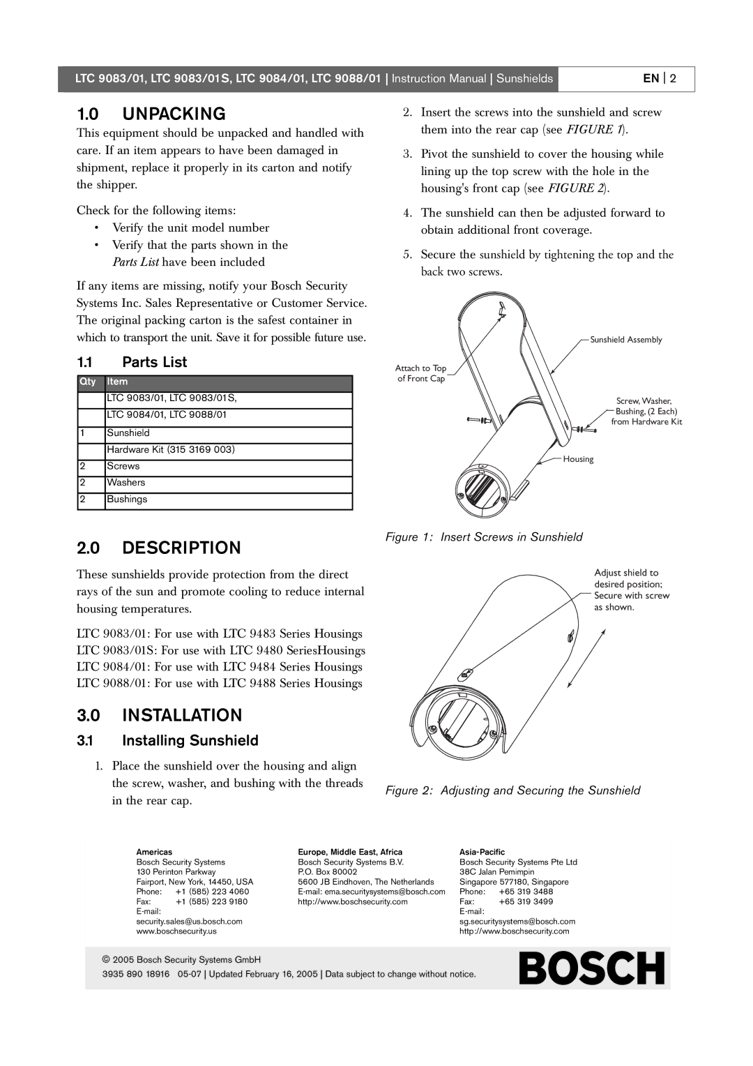 Bosch Appliances LTC 9088/01, LTC 9083/01S Unpacking, Description, Installation, Parts List, Installing Sunshield 