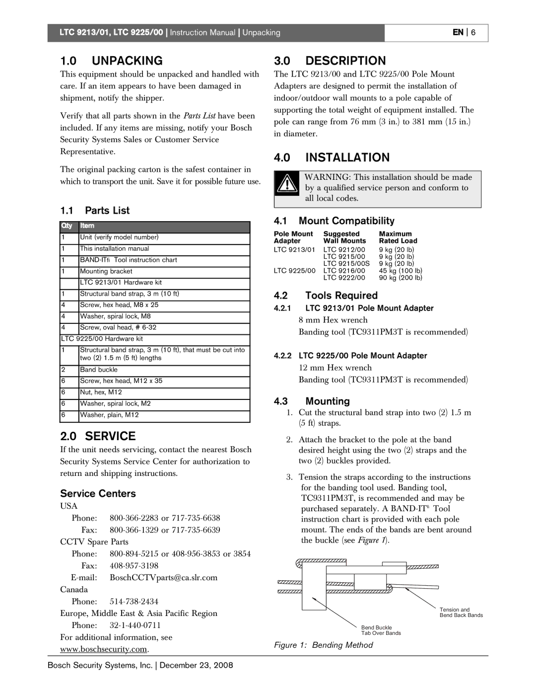 Bosch Appliances LTC 9213/01, LTC 9225/00 instruction manual Unpacking Description, Installation, Service 