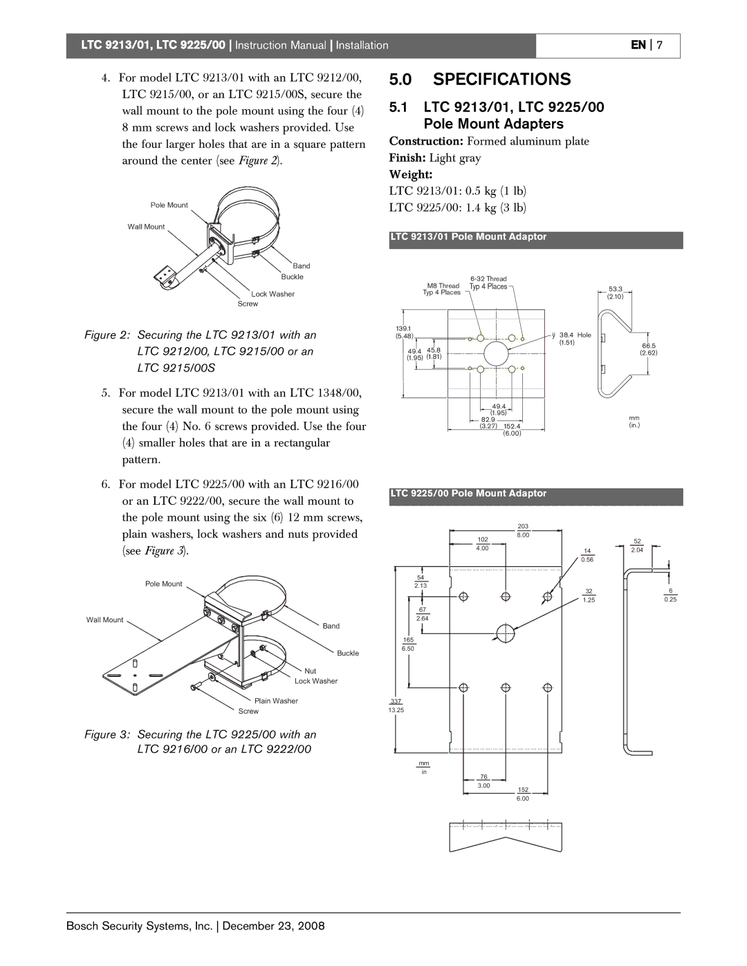 Bosch Appliances instruction manual Specifications, LTC 9213/01, LTC 9225/00 Pole Mount Adapters 