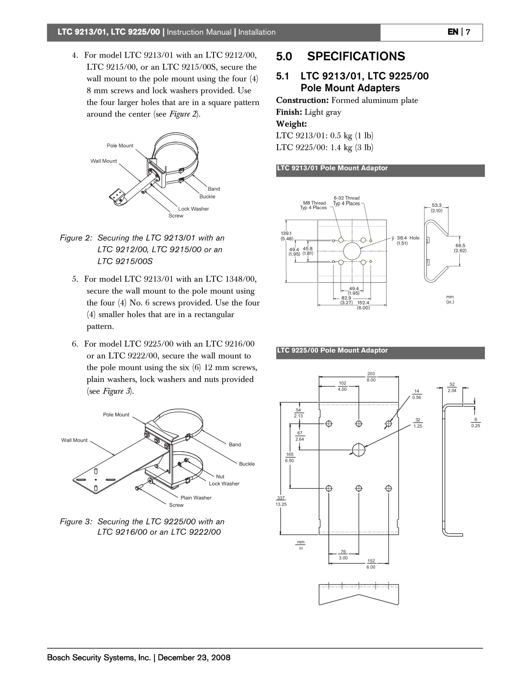 Bosch Appliances instruction manual 5.0SPECIFICATIONS, 5.1LTC 9213/01, LTC 9225/00 Pole Mount Adapters, see Figure 