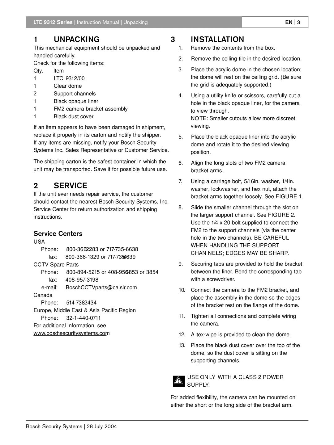 Bosch Appliances LTC 9312/00 instruction manual Unpacking 