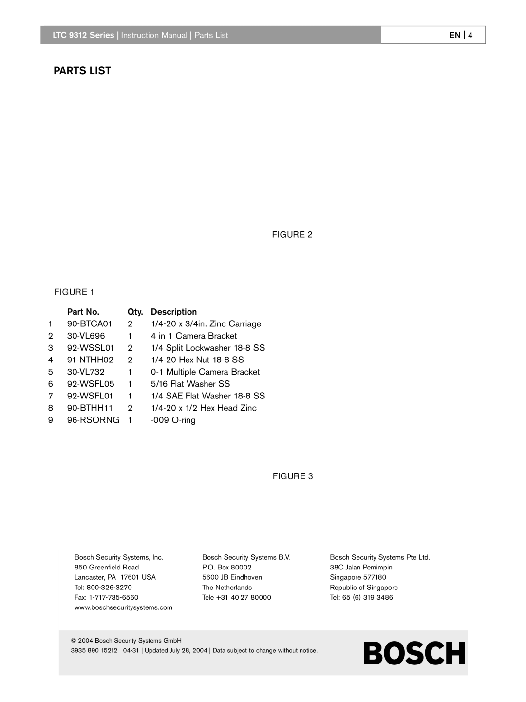 Bosch Appliances LTC 9312/00 instruction manual Parts List 