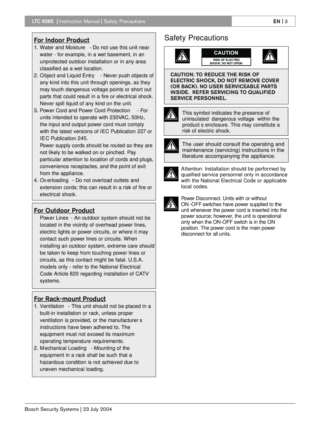 Bosch Appliances LTC 9365/00 instruction manual For Indoor Product, For Outdoor Product, For Rack-mount Product 