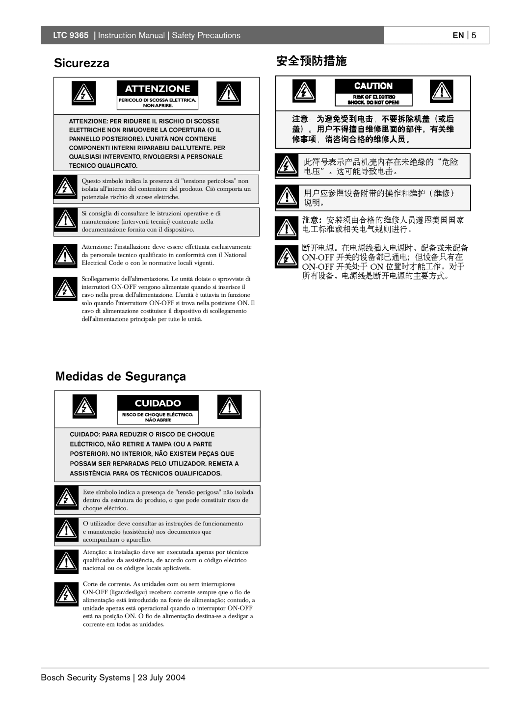 Bosch Appliances LTC 9365/00 instruction manual Sicurezza, Medidas de Segurança 