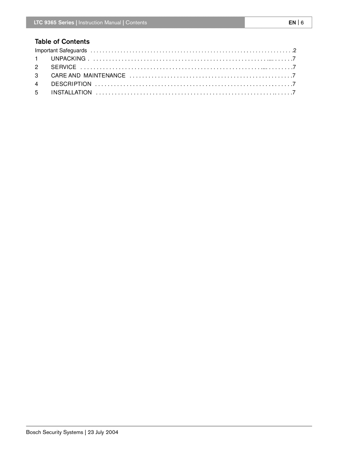 Bosch Appliances LTC 9365/00 instruction manual Table of Contents 