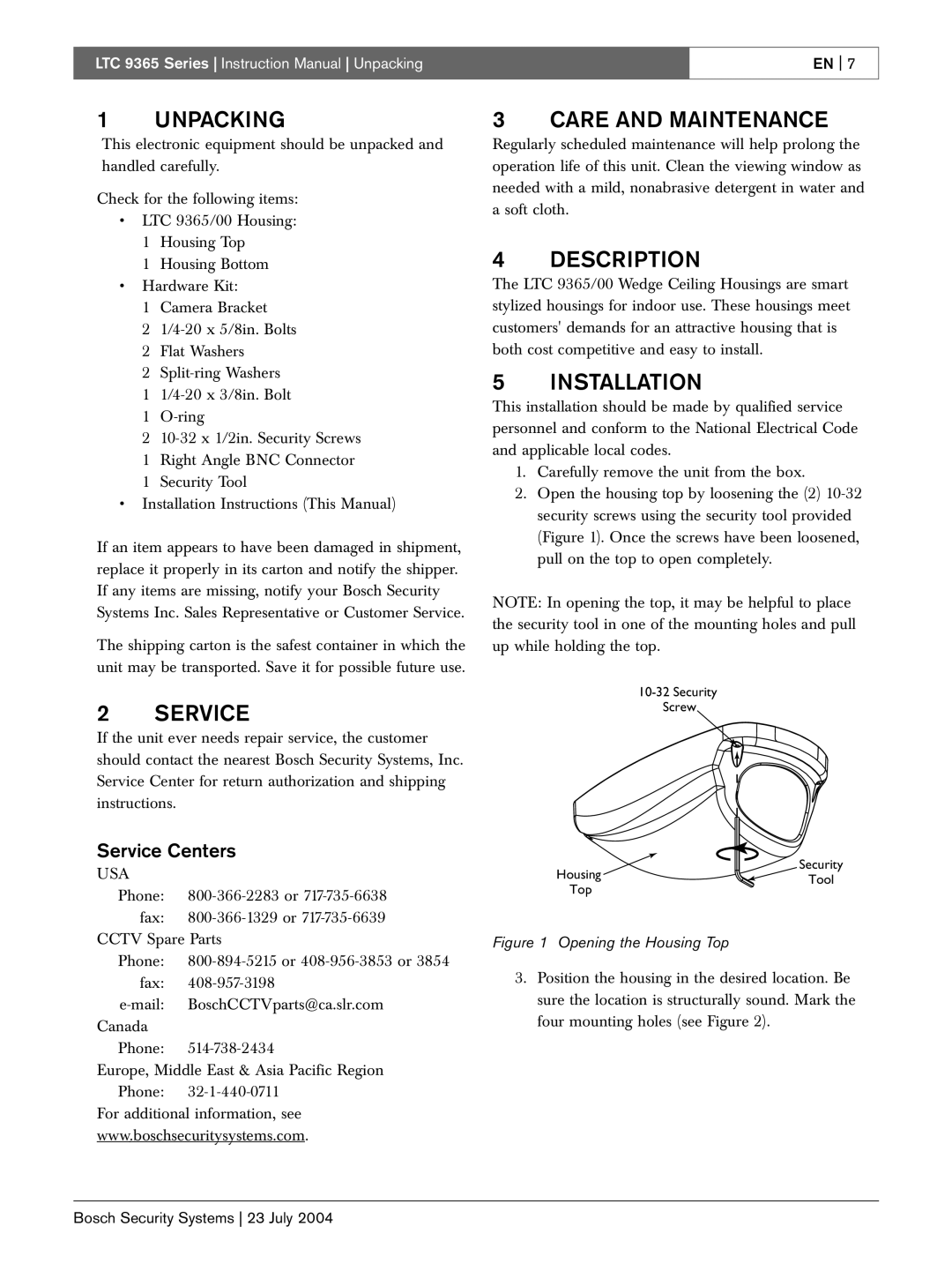 Bosch Appliances LTC 9365/00 instruction manual Unpacking, Service Centers 