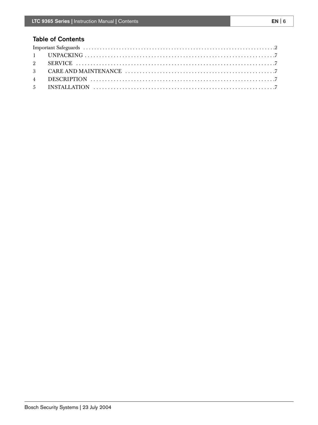 Bosch Appliances LTC 9365/00 Table of Contents, LTC 9365 Series Instruction Manual Contents, DESCRIPTION 5 INSTALLATION 
