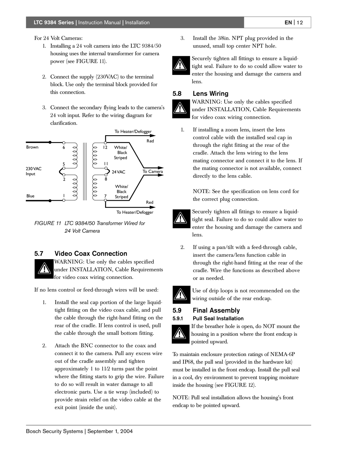 Bosch Appliances LTC 9384 instruction manual Video Coax Connection, Lens Wiring, Final Assembly, Pull Seal Installation 