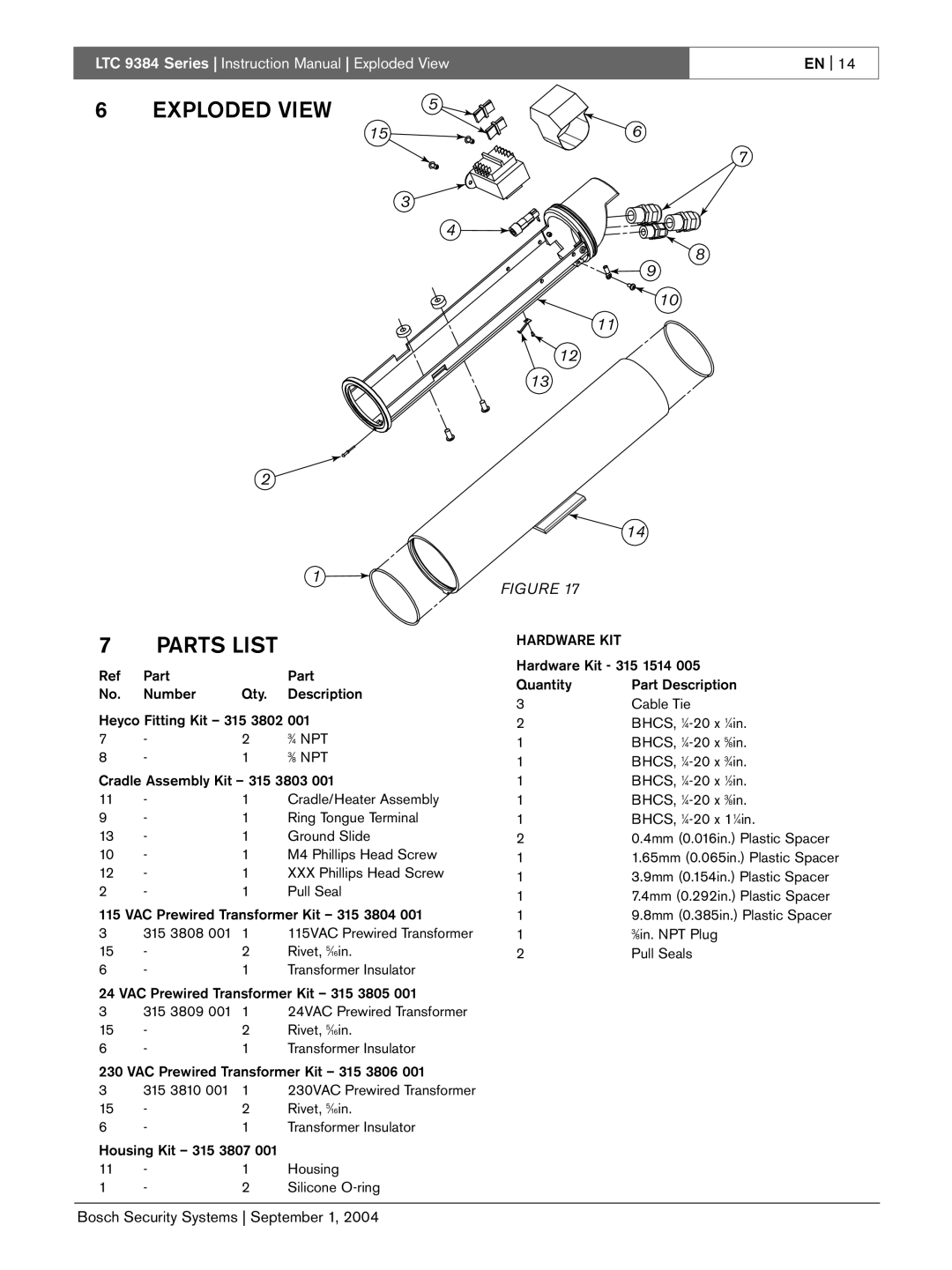 Bosch Appliances LTC 9384 instruction manual Exploded View Parts List 