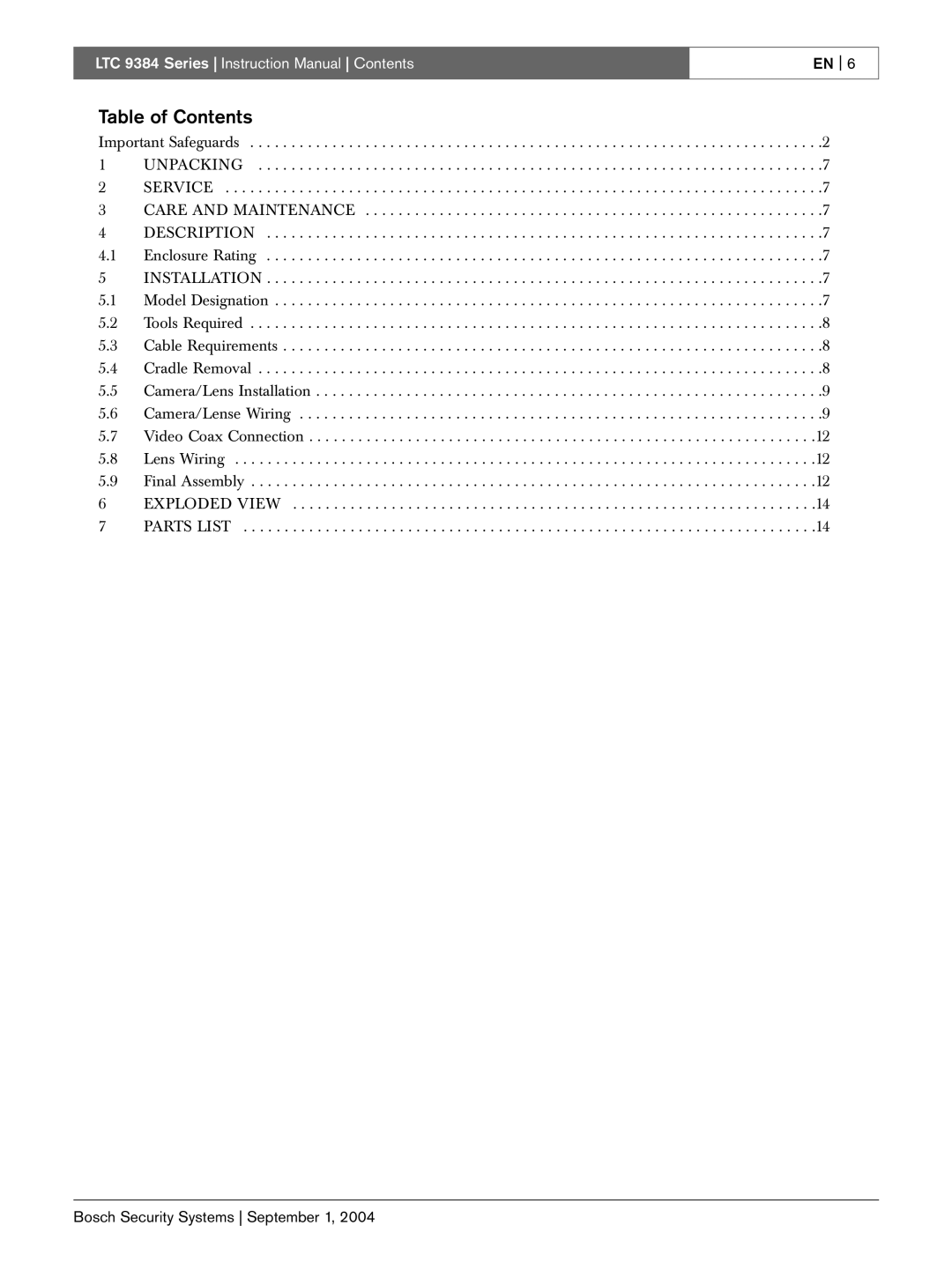 Bosch Appliances LTC 9384 instruction manual Table of Contents 