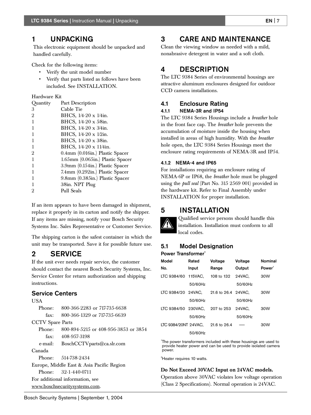 Bosch Appliances LTC 9384 instruction manual Service Centers, Enclosure Rating, Model Designation 