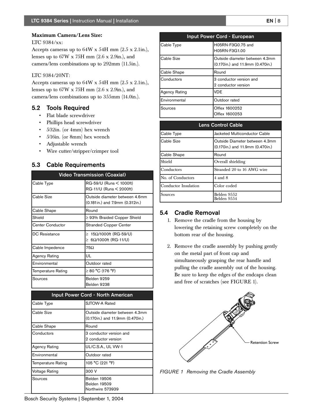 Bosch Appliances LTC 9384 instruction manual Tools Required, Cable Requirements, Cradle Removal 