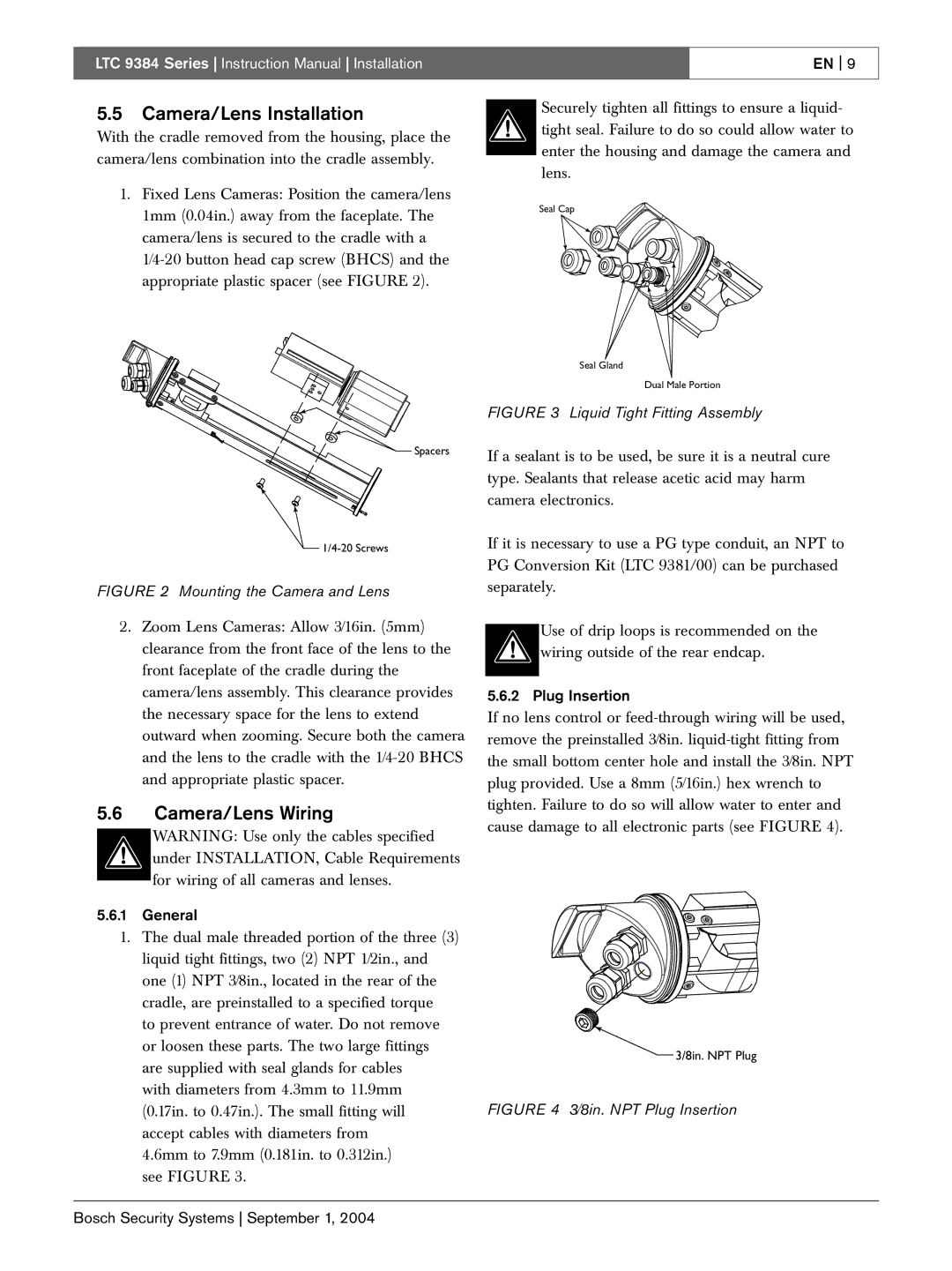 Bosch Appliances LTC 9384 instruction manual Camera/Lens Installation, Camera/Lens Wiring, General, Plug Insertion 