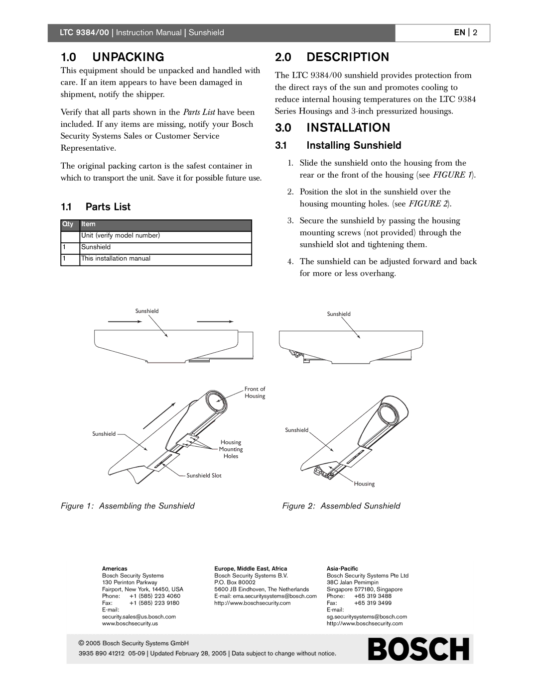 Bosch Appliances LTC 9384/00 instruction manual Unpacking, Description, Installation, Parts List, Installing Sunshield 