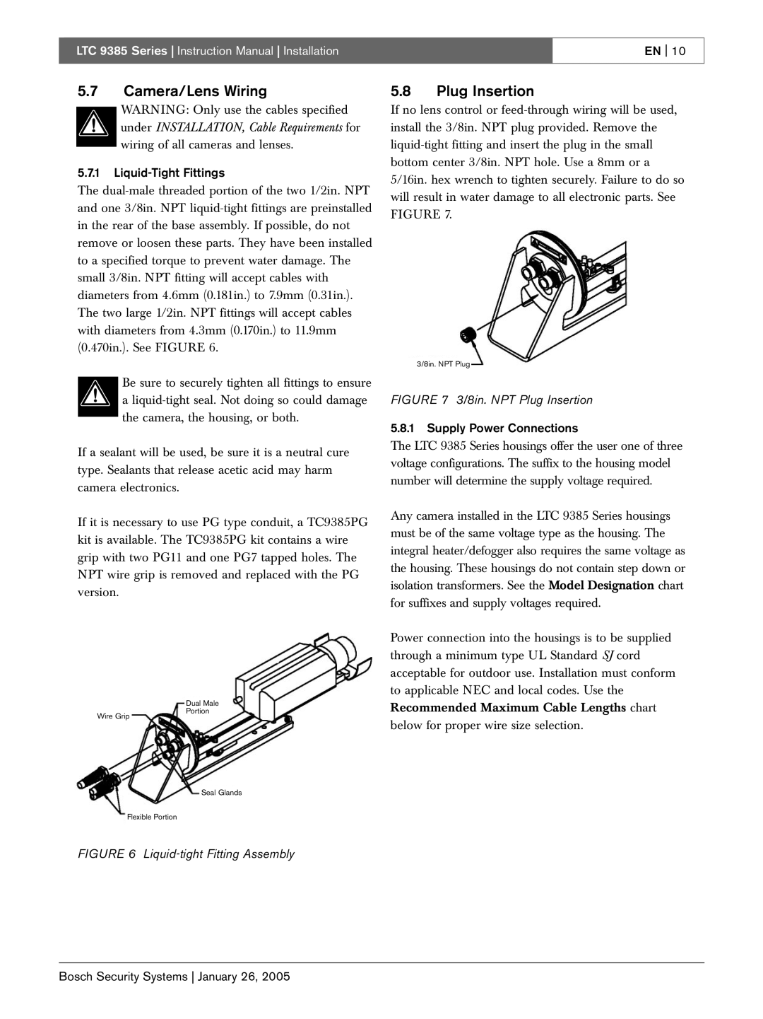 Bosch Appliances LTC 9385 Camera/Lens Wiring, Plug Insertion, Liquid-Tight Fittings, Supply Power Connections 