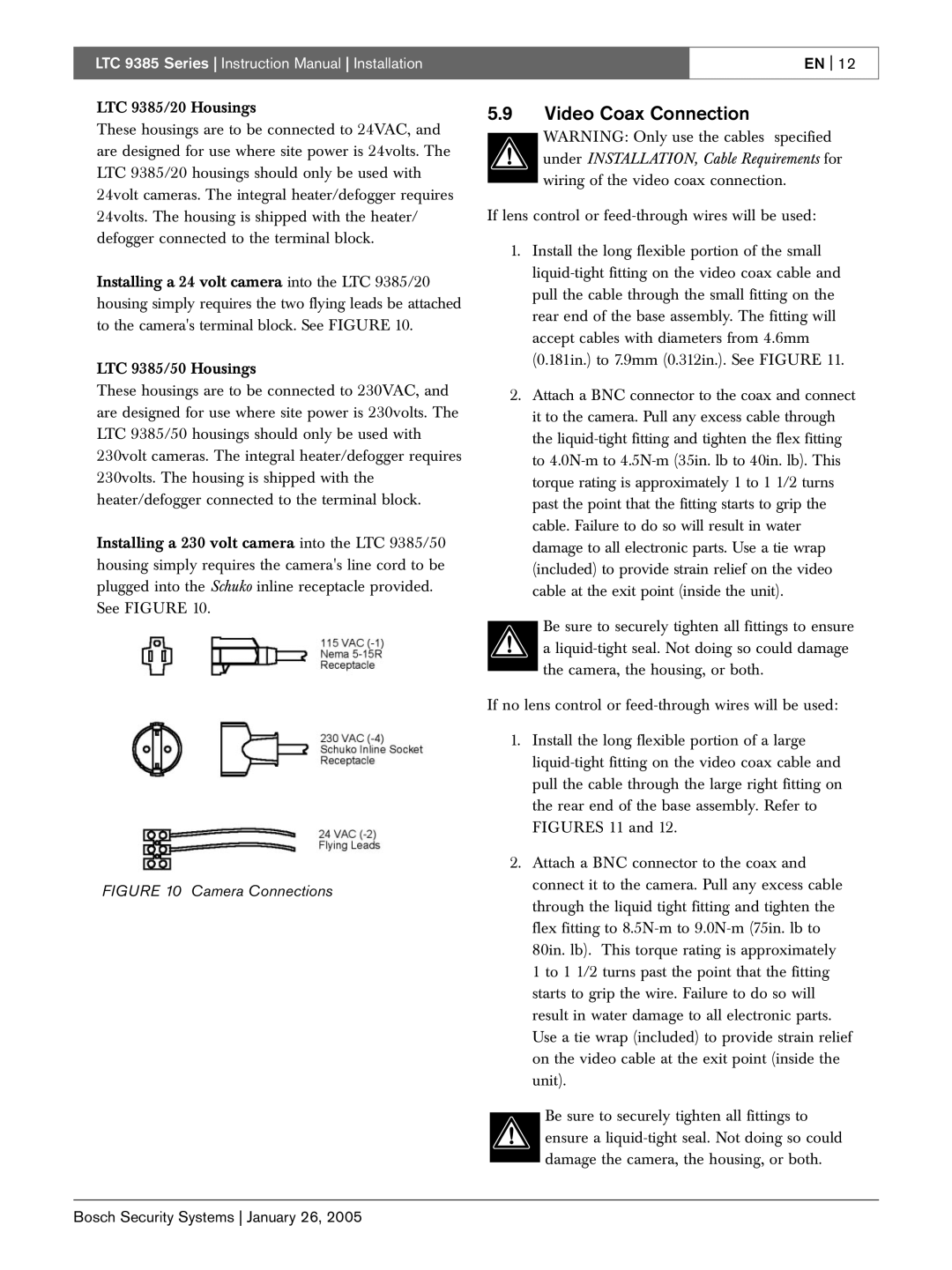 Bosch Appliances LTC 9385 instruction manual Video Coax Connection, Camera Connections 