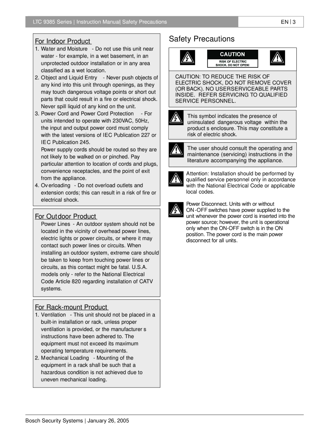 Bosch Appliances LTC 9385 instruction manual For Indoor Product, For Outdoor Product, For Rack-mount Product 