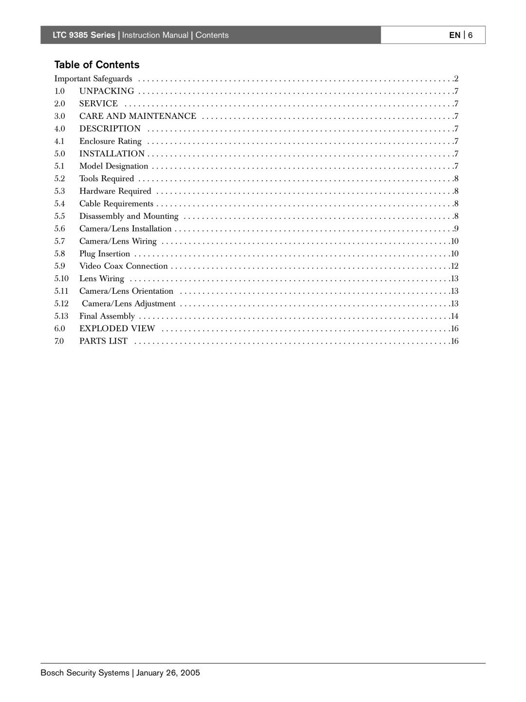 Bosch Appliances LTC 9385 instruction manual Table of Contents 