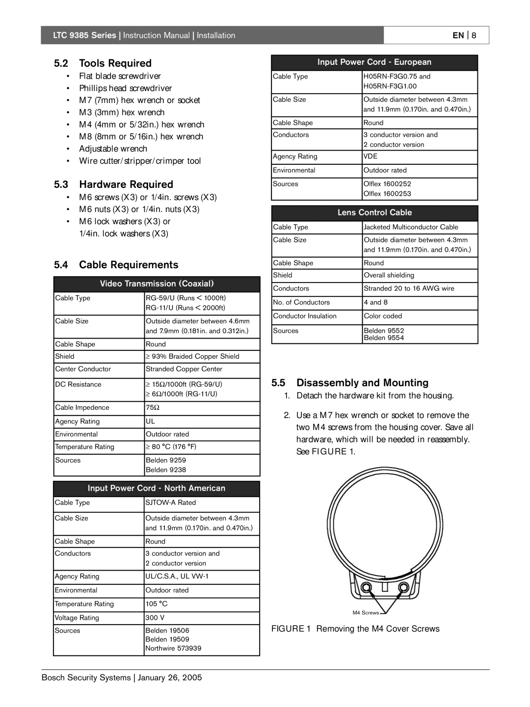 Bosch Appliances LTC 9385 Tools Required, Hardware Required, Cable Requirements, Disassembly and Mounting 