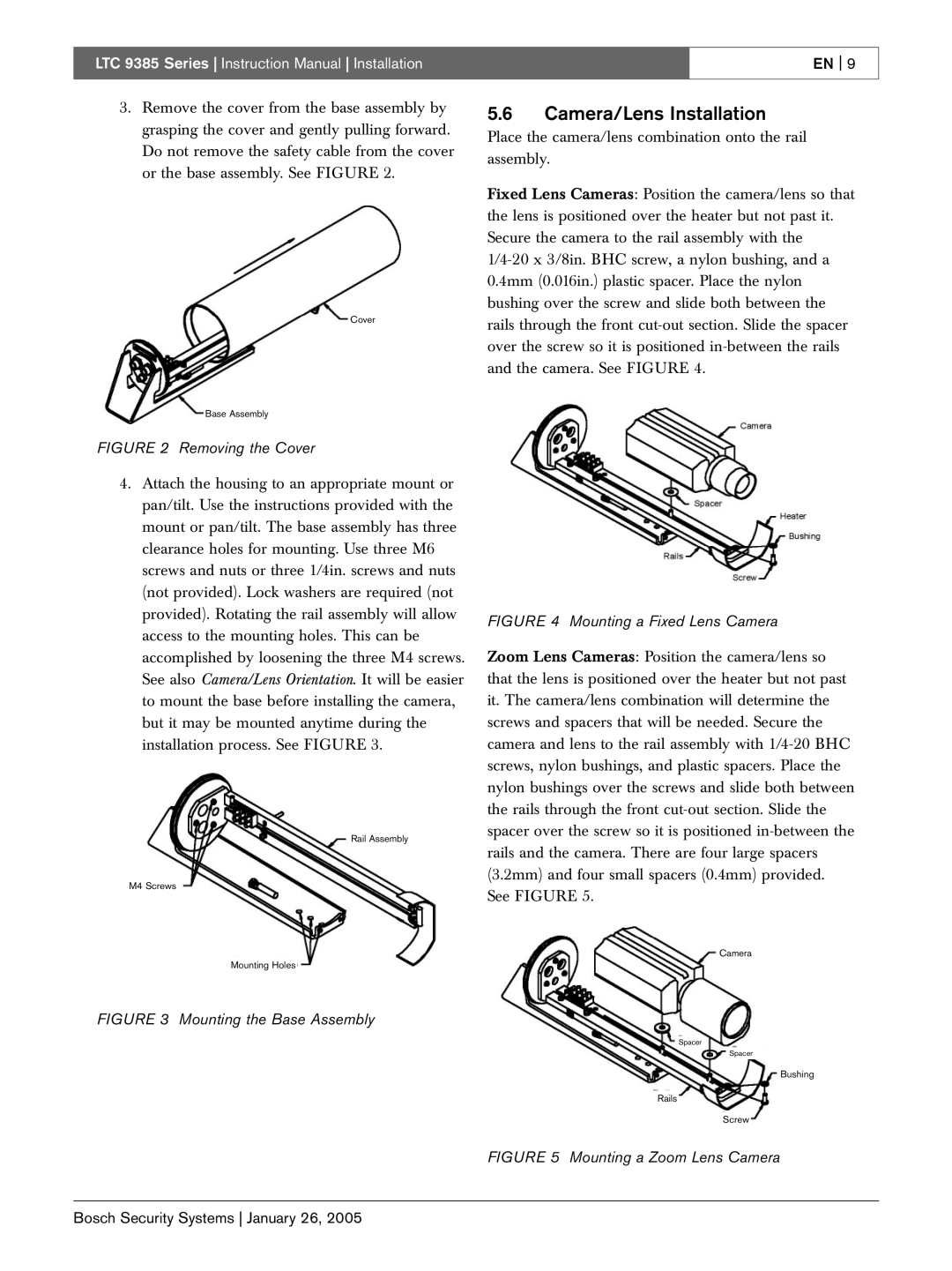 Bosch Appliances LTC 9385 instruction manual Camera/Lens Installation, Removing the Cover 