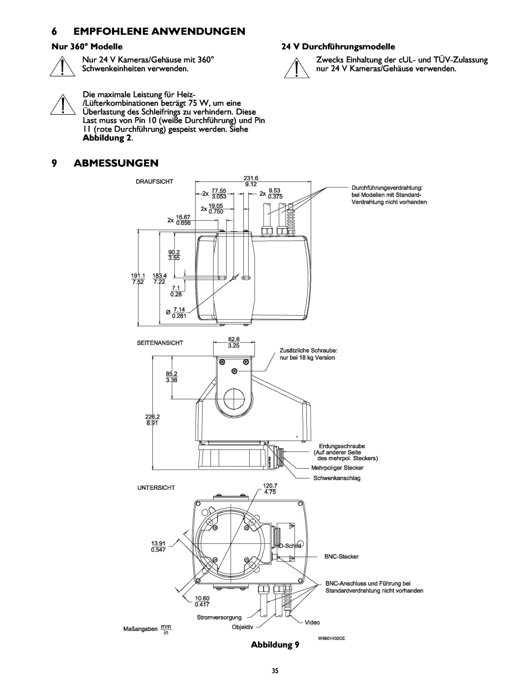 Bosch Appliances LTC 9441 Empfohlene Anwendungen, Abmessungen, Nur 360 Modelle, V Durchführungsmodelle, Abbildung 