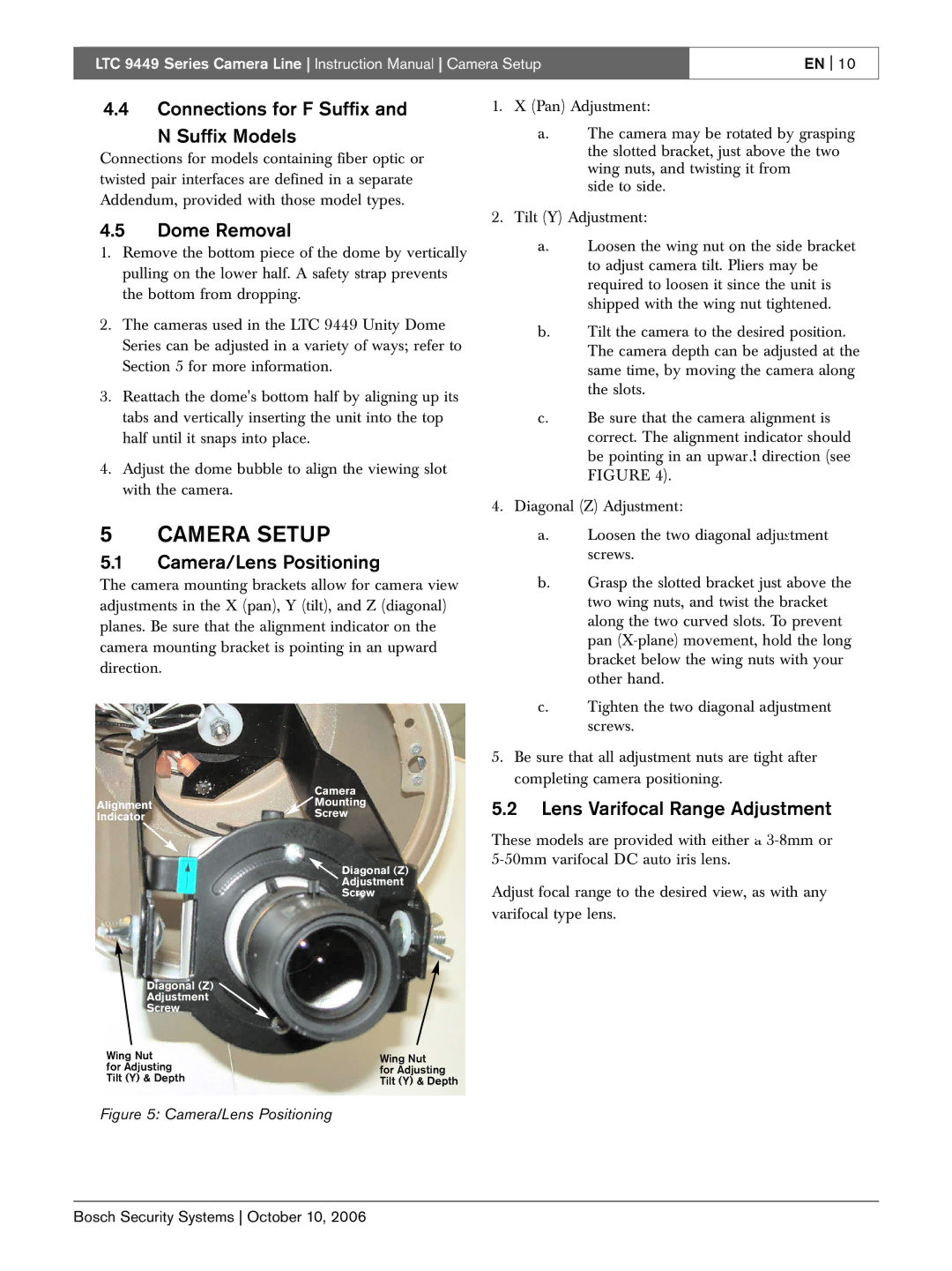 Bosch Appliances LTC 9449 Camera Setup, Connections for F Suffix Suffix Models, Dome Removal, Camera/Lens Positioning 