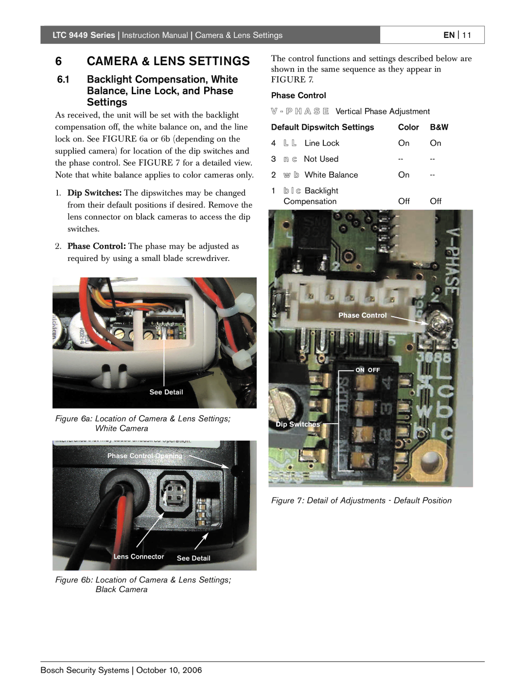 Bosch Appliances LTC 9449 instruction manual Location of Camera & Lens Settings White Camera 