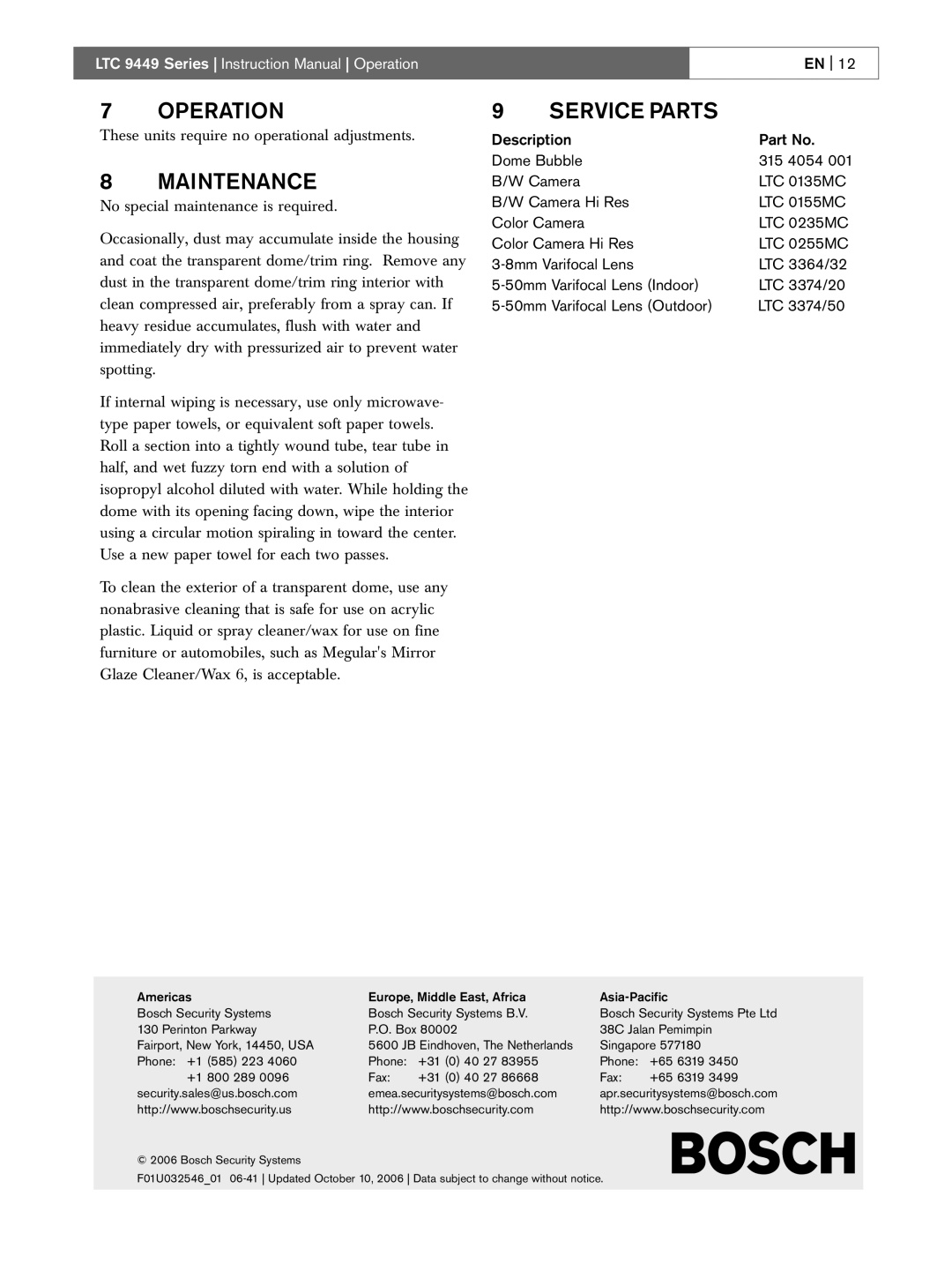 Bosch Appliances LTC 9449 instruction manual Operation, Maintenance, Service Parts 