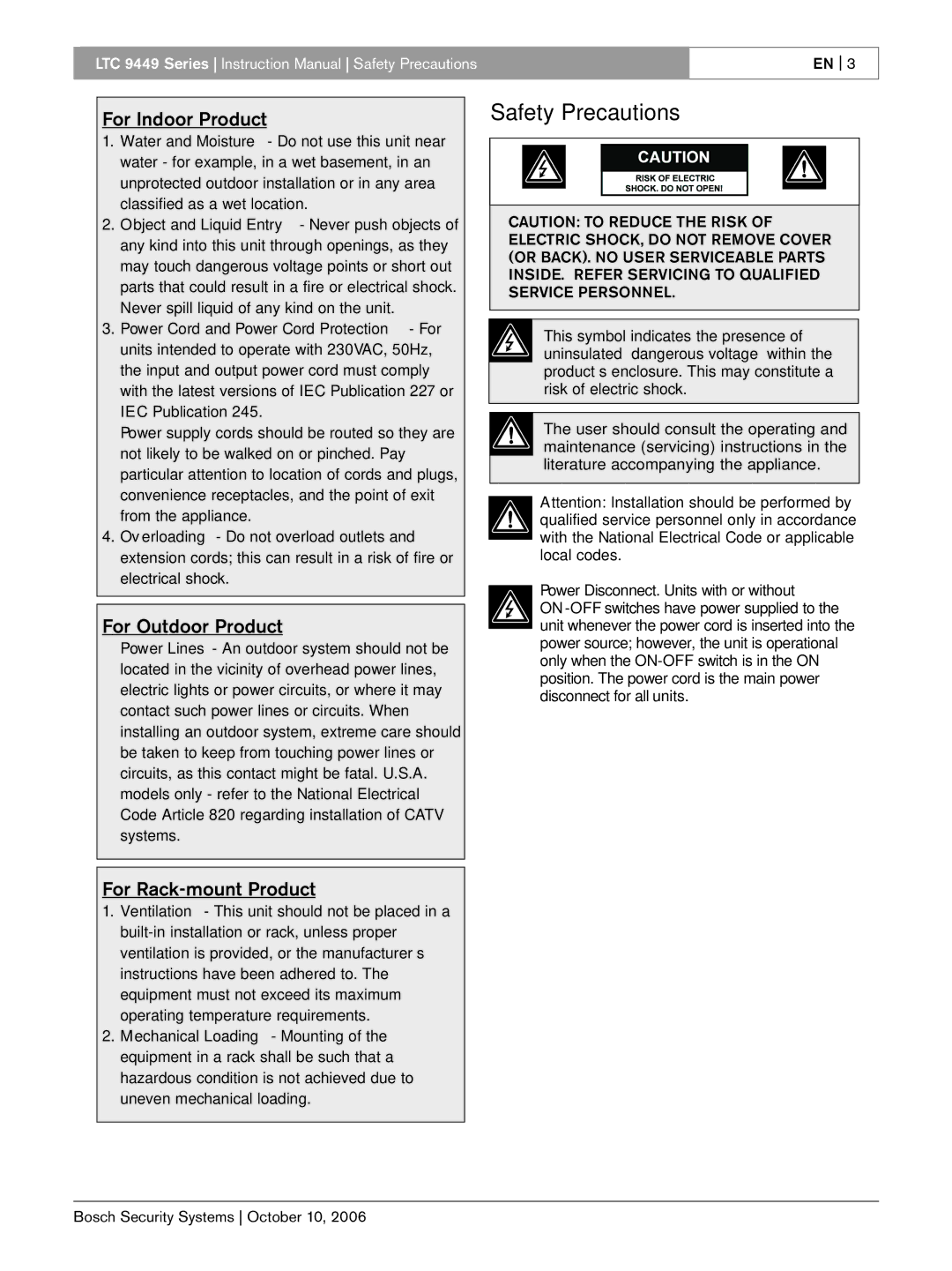 Bosch Appliances LTC 9449 instruction manual For Indoor Product, For Outdoor Product, For Rack-mount Product 