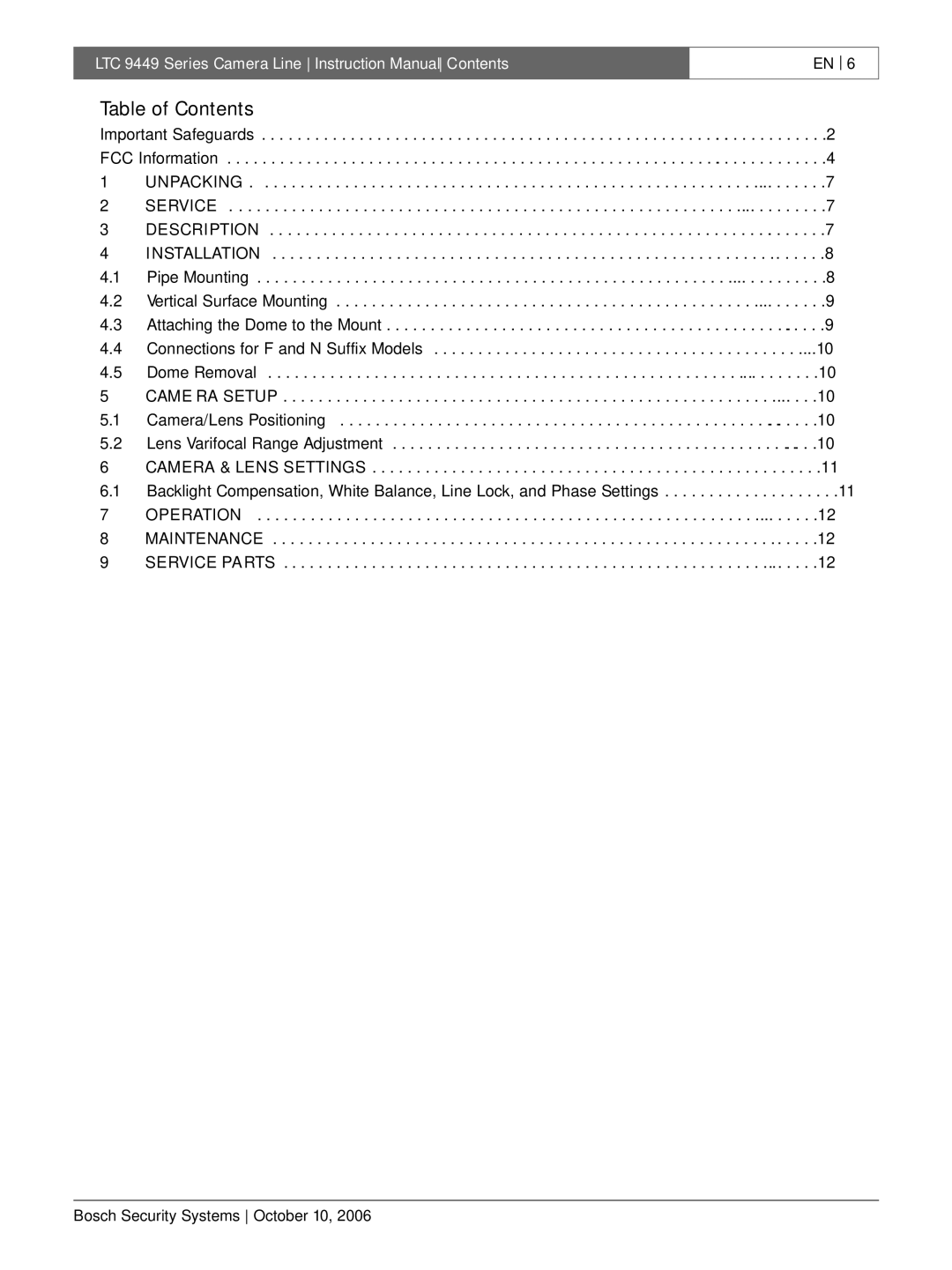 Bosch Appliances LTC 9449 instruction manual Table of Contents 