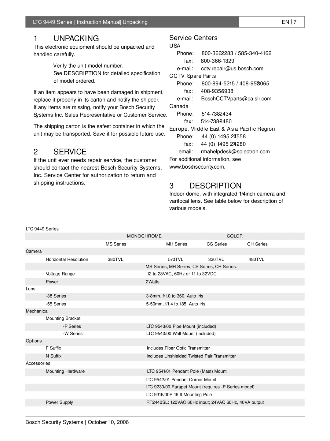 Bosch Appliances LTC 9449 instruction manual Unpacking, Description, Service Centers 