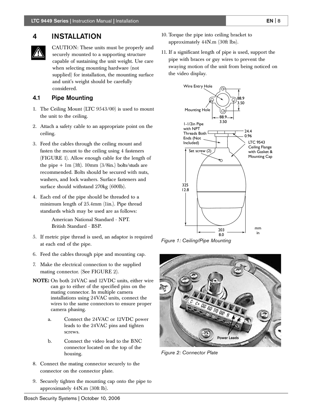 Bosch Appliances LTC 9449 instruction manual Installation, Pipe Mounting 