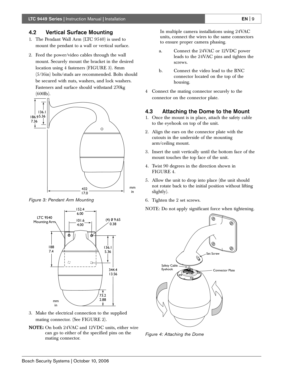 Bosch Appliances LTC 9449 instruction manual Vertical Surface Mounting, Attaching the Dome to the Mount 