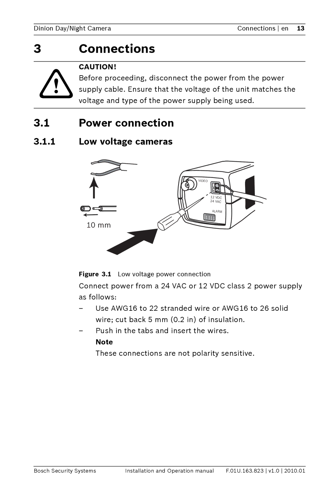 Bosch Appliances LTC0465 operation manual Connections, Power connection, Low voltage cameras 